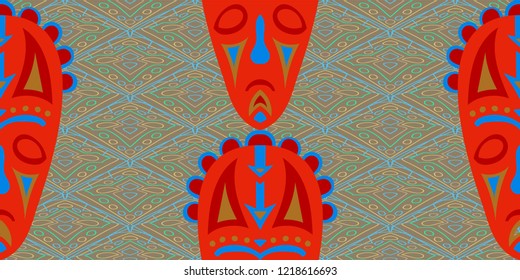 Seamless Folk Background. Ethnic Seamless Pattern with Color Trible Ritual Masks for Cotton, Print, Calico. Trendy Folk