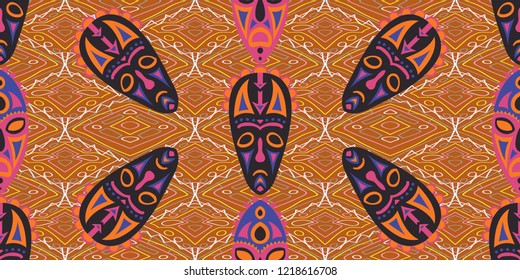 Seamless Folk Background. Ethnic Seamless Pattern with Color Trible Ritual Masks for Wallpaper, Fabric, Textile. Retro Folk