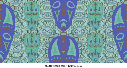 Seamless Folk Background. Ethnic Seamless Pattern with Color Trible Ritual Masks for Print, Cloth, Textile. Modern Abstract Back