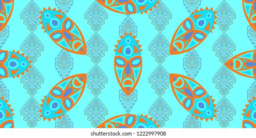 Seamless Folk Background. Ethnic Seamless Pattern with Color Trible Ritual Masks for Print, Fabric, Textile.  Vintage Abstract Motif with Colorful Scary Masks for your Design. Vector Texture.