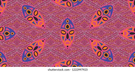 Seamless Folk Background. Ethnic Seamless Pattern with Color Trible Ritual Masks for Calico, Print, Textile. Trendy Abstract Back