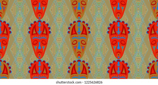 Seamless Folk Background. Ethnic Seamless Pattern with Color Trible Ritual Masks for Chintz, Linen, Wallpaper. Retro Abstract Back
