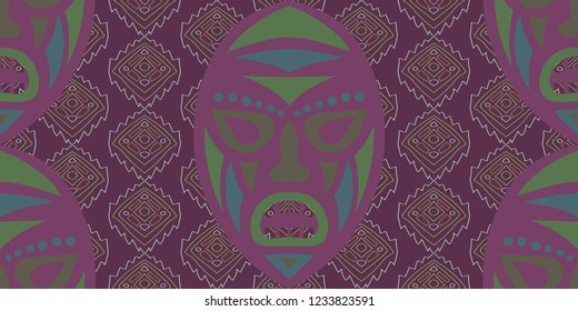 Seamless Folk Background. Ethnic Seamless Pattern with Color Trible Ritual Masks for Cotton, Calico, Textile. Trendy Folk