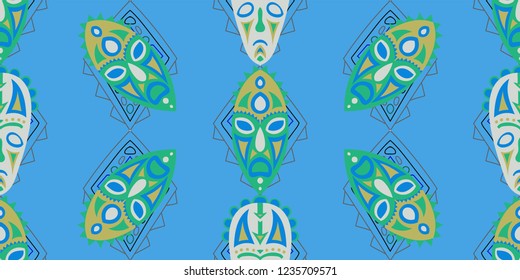 Seamless Folk Background. Ethnic Seamless Pattern with Color Trible Ritual Masks for Chintz, Curtain, Paper. Modern Folk