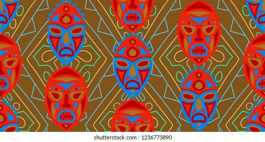 Seamless Folk Background. Ethnic Seamless Pattern with Color Trible Ritual Masks for Dress, Paper, Tablecloth. Trendy Abstract Motif with Colorful Scary Masks for your Design. Vector Texture.
