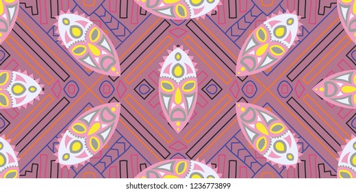Seamless Folk Background. Ethnic Seamless Pattern with Color Trible Ritual Masks for Calico, Print, Textile. Modern Folk