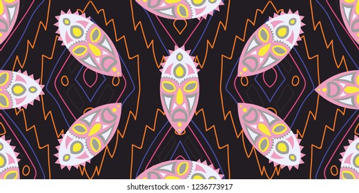 Seamless Folk Background. Ethnic Seamless Pattern with Color Trible Ritual Masks for Chintz, Linen, Wallpaper. Retro Abstract Motif with Colorful Scary Masks for your Design. Vector Texture.