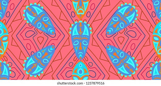 Seamless Folk Background. Ethnic Seamless Pattern with Color Trible Ritual Masks for Print, Fabric, Cloth. Modern Folk