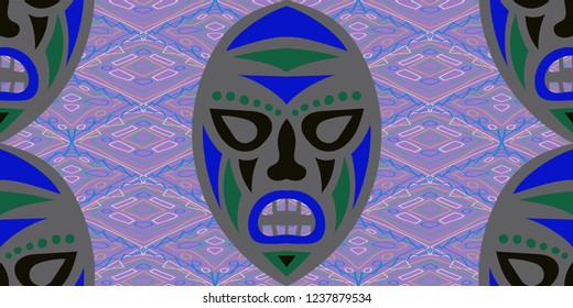 Seamless Folk Background. Ethnic Seamless Pattern with Color Trible Ritual Masks for Linen, Paper, Tablecloth. Trendy Abstract Motif with Colorful Scary Masks for your Design. Vector Texture.