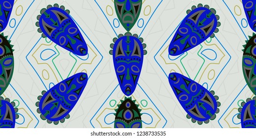 Seamless Folk Background. Ethnic Seamless Pattern with Color Trible Ritual Masks for Print, Fabric, Cloth. Vintage Abstract Motif with Colorful Scary Masks for your Design. Vector Texture.