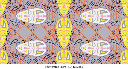 Seamless Folk Background. Ethnic Seamless Pattern with Color Trible Ritual Masks for Cotton, Calico, Textile. Trendy Abstract Motif with Colorful Scary Masks for your Design. Vector Texture.