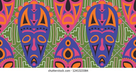 Seamless Folk Background. Ethnic Seamless Pattern with Color Trible Ritual Masks for Wallpaper, Print, Cotton. Retro Abstract Back