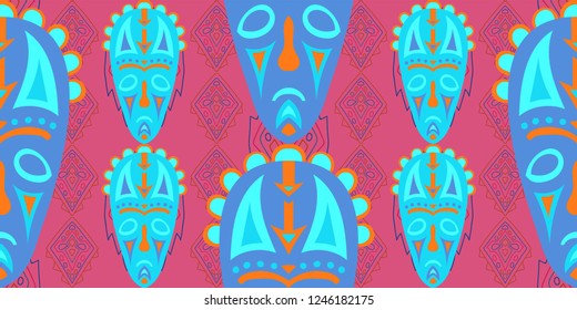 Seamless Folk Background. Ethnic Seamless Pattern with Color Trible Ritual Masks for Print, Fabric, Cloth. Retro Abstract Motif with Colorful Scary Masks for your Design. Vector Texture.