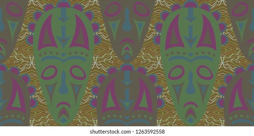 Seamless Folk Background. Ethnic Seamless Pattern with Color Trible Ritual Masks for Chintz, Linen, Wallpaper. Retro Abstract Motif with Colorful Scary Masks for your Design. Vector Texture.