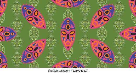 Seamless Folk Background. Ethnic Seamless Pattern with Color Trible Ritual Masks for Fabric, Cloth, Textile. Trendy Folk