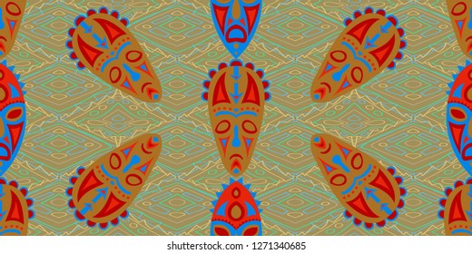 Seamless Folk Background. Ethnic Seamless Pattern with Color Trible Ritual Masks for Calico, Print, Textile. Vintage Abstract Motif with Colorful Scary Masks for your Design. Vector Texture.