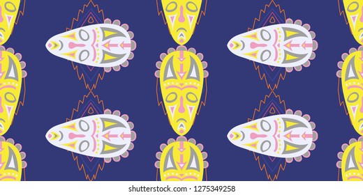 Seamless Folk Background. Ethnic Seamless Pattern with Color Trible Ritual Masks for Wallpaper, Print, Cotton. Trendy Abstract Motif with Colorful Scary Masks for your Design. Vector Texture.