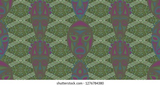 Seamless Folk Background. Ethnic Seamless Pattern with Color Trible Ritual Masks for Linen, Paper, Tablecloth. Modern Abstract Back