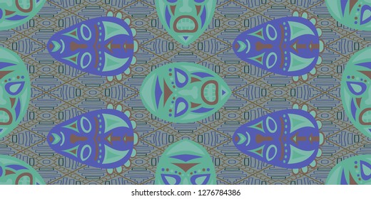 Seamless Folk Background. Ethnic Seamless Pattern with Color Trible Ritual Masks for Chintz, Curtain, Paper. Retro Folk