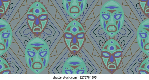 Seamless Folk Background. Ethnic Seamless Pattern with Color Trible Ritual Masks for Print, Fabric, Textile.  Vintage Folk