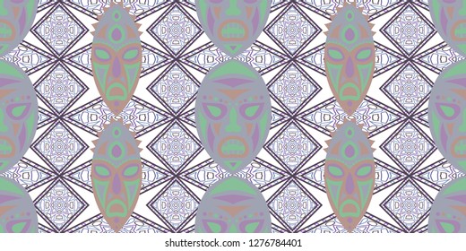 Seamless Folk Background. Ethnic Seamless Pattern with Color Trible Ritual Masks for Cotton, Print, Calico. Retro Folk