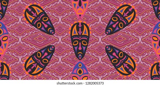 Seamless Folk Background. Ethnic Seamless Pattern with Color Trible Ritual Masks for Wallpaper, Fabric, Textile. Vintage Abstract Motif with Colorful Scary Masks for your Design. Vector Texture.