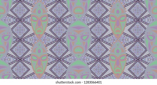 Seamless Folk Background. Ethnic Seamless Pattern with Color Trible Ritual Masks for Chintz, Curtain, Paper. Trendy Folk