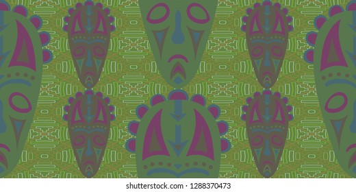 Seamless Folk Background. Ethnic Seamless Pattern with Color Trible Ritual Masks for Calico, Print, Textile. Modern Folk