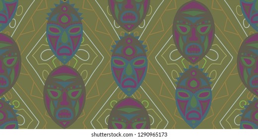Seamless Folk Background. Ethnic Seamless Pattern with Color Trible Ritual Masks for Calico, Print, Textile. Vintage Abstract Motif with Colorful Scary Masks for your Design. Vector Texture.