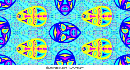Seamless Folk Background. Ethnic Seamless Pattern with Color Trible Ritual Masks for Wallpaper, Fabric, Textile. Trendy Folk