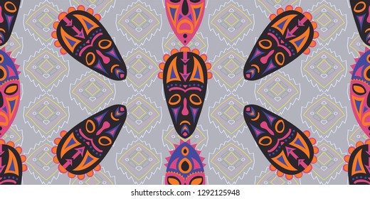 Seamless Folk Background. Ethnic Seamless Pattern with Color Trible Ritual Masks for Print, Fabric, Cloth. Trendy Folk