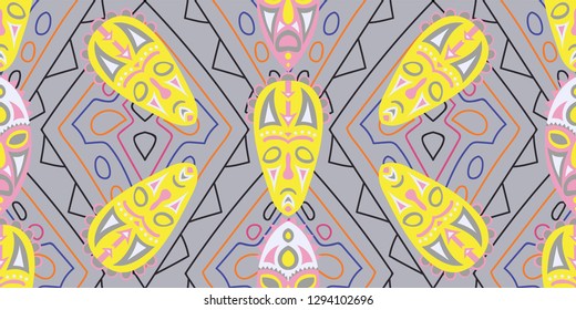 Seamless Folk Background. Ethnic Seamless Pattern with Color Trible Ritual Masks for Wallpaper, Fabric, Textile. Modern Abstract Back