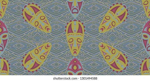 Seamless Folk Background. Ethnic Seamless Pattern with Color Trible Ritual Masks for Print, Cloth, Textile. Vintage Abstract Motif with Colorful Scary Masks for your Design. Vector Texture.