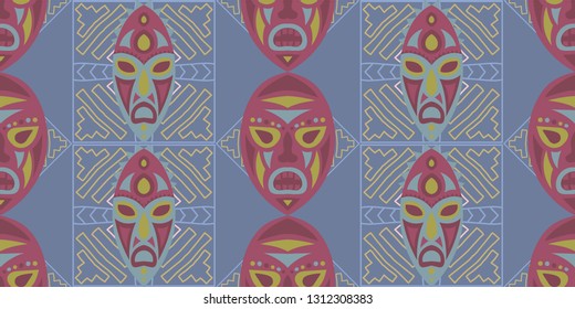 Seamless Folk Background. Ethnic Seamless Pattern with Color Trible Ritual Masks for Dress, Curtain, Paper. Retro Folk
