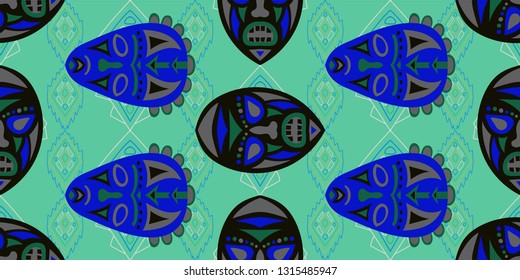 Seamless Folk Background. Ethnic Seamless Pattern with Color Trible Ritual Masks for Cotton, Print, Textile. Modern Abstract Motif with Colorful Scary Masks for your Design. Vector Texture.