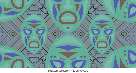 Seamless Folk Background. Ethnic Seamless Pattern with Color Trible Ritual Masks for Cotton, Print, Textile. Trendy Abstract Back