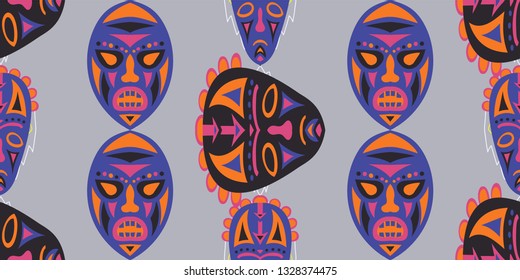 Seamless Folk Background. Ethnic Seamless Pattern with Color Trible Ritual Masks for Chintz, Linen, Wallpaper. Vintage Abstract Back
