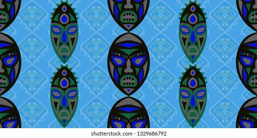 Seamless Folk Background. Ethnic Seamless Pattern with Color Trible Ritual Masks for Wallpaper, Cotton, Textile. Trendy Folk