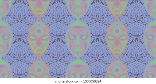 Seamless Folk Background. Ethnic Seamless Pattern with Color Trible Ritual Masks for Wallpaper, Fabric, Print. Retro Folk