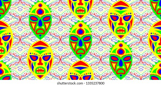 Seamless Folk Background. Ethnic Seamless Pattern with Color Trible Ritual Masks for Dress, Paper, Tablecloth. Trendy Abstract Motif with Colorful Scary Masks for your Design. Vector Texture.