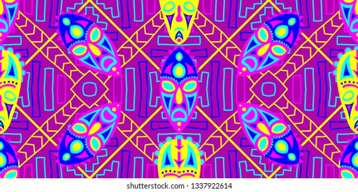Seamless Folk Background. Ethnic Seamless Pattern with Color Trible Ritual Masks for Fabric, Cloth, Textile. Modern Abstract Back