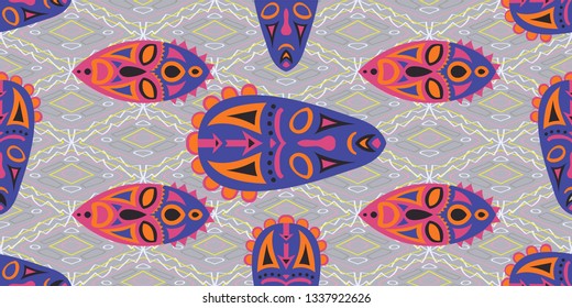 Seamless Folk Background. Ethnic Seamless Pattern with Color Trible Ritual Masks for Wallpaper, Fabric, Print. Trendy Folk
