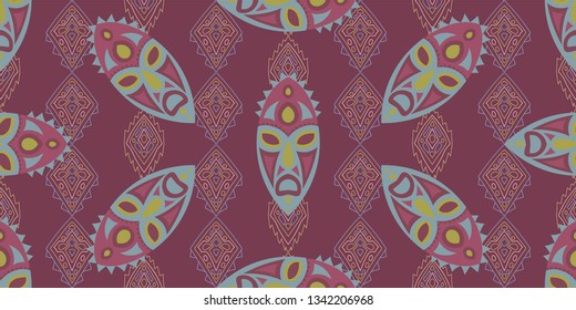 Seamless Folk Background. Ethnic Seamless Pattern with Color Trible Ritual Masks for Wallpaper, Print, Cotton. Vintage Folk