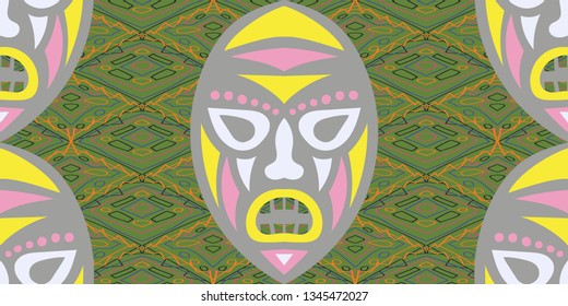 Seamless Folk Background. Ethnic Seamless Pattern with Color Trible Ritual Masks for Dress, Curtain, Tablecloth. Retro Folk