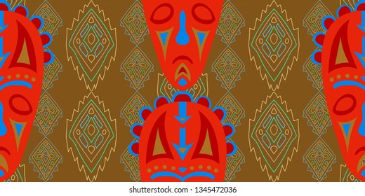 Seamless Folk Background. Ethnic Seamless Pattern with Color Trible Ritual Masks for Wallpaper, Print, Textile. Vintage Abstract Back