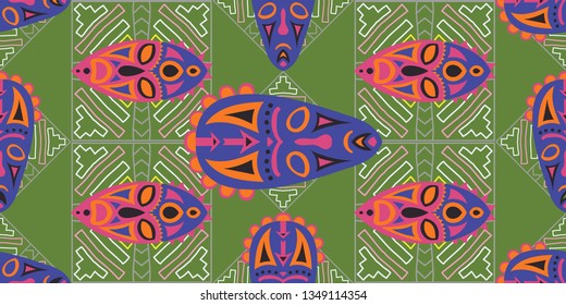 Seamless Folk Background. Ethnic Seamless Pattern with Color Trible Ritual Masks for Print, Fabric, Textile. Vintage Abstract Back