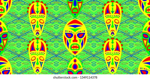 Seamless Folk Background. Ethnic Seamless Pattern with Color Trible Ritual Masks for Wallpaper, Fabric, Print. Vintage Folk