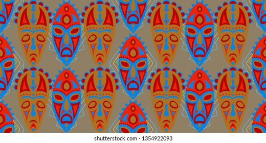 Seamless Folk Background. Ethnic Seamless Pattern with Color Trible Ritual Masks for Dress, Curtain, Paper. Retro Abstract Back