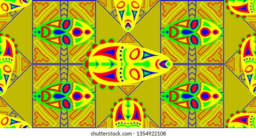 Seamless Folk Background. Ethnic Seamless Pattern with Color Trible Ritual Masks for Chintz, Linen, Paper. Trendy Abstract Back