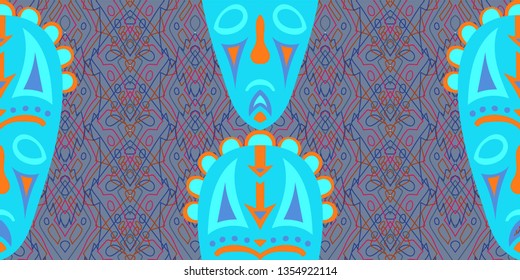Seamless Folk Background. Ethnic Seamless Pattern with Color Trible Ritual Masks for Chintz, Curtain, Paper. Trendy Folk